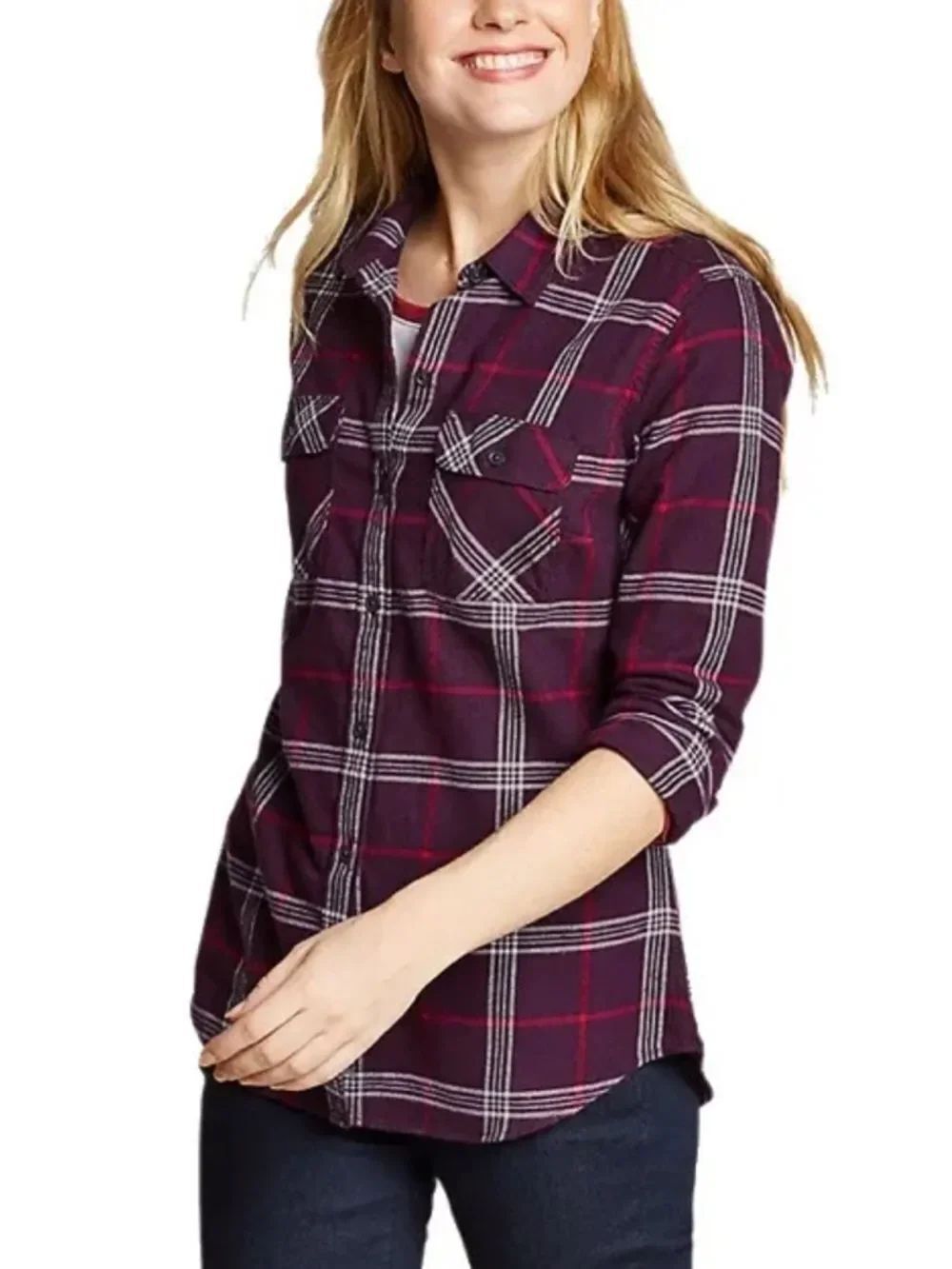 EB XL Burgundy Red White Sunday Plaid Long Sleeve Classic Fit Flannel Shirt